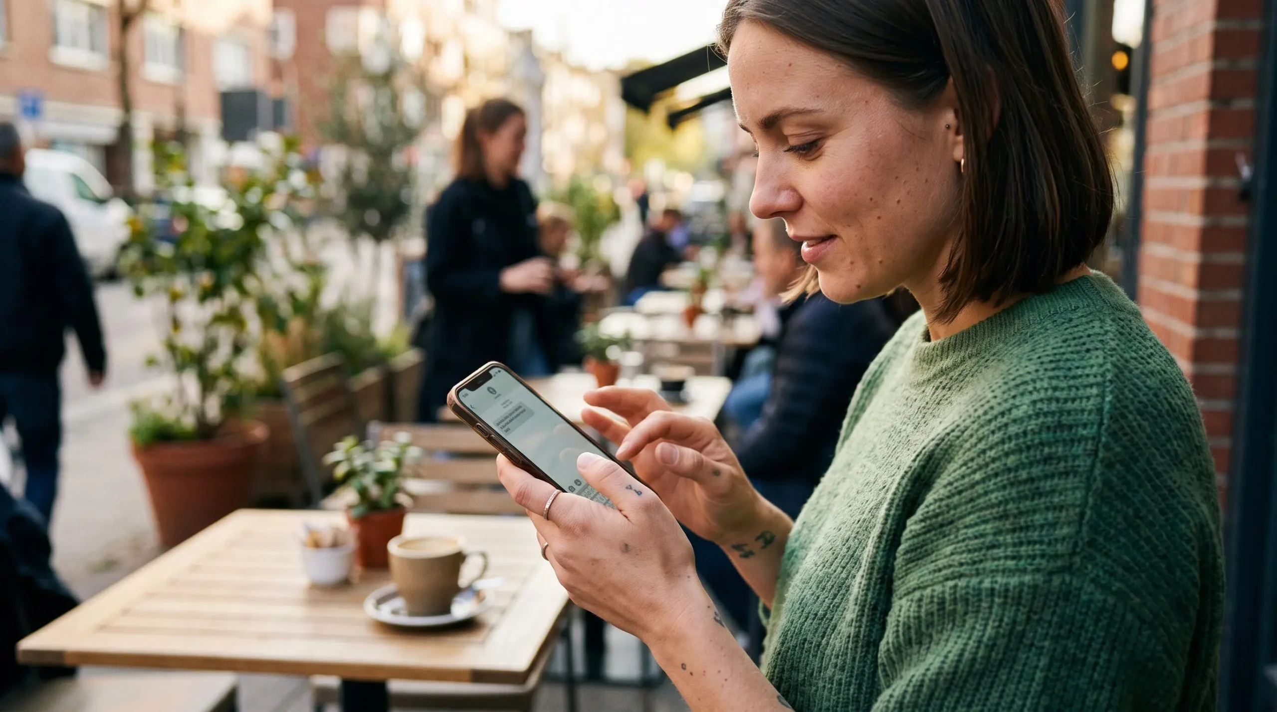 Un client consulte un SMS reçu sur son smartphone en terrasse de café.