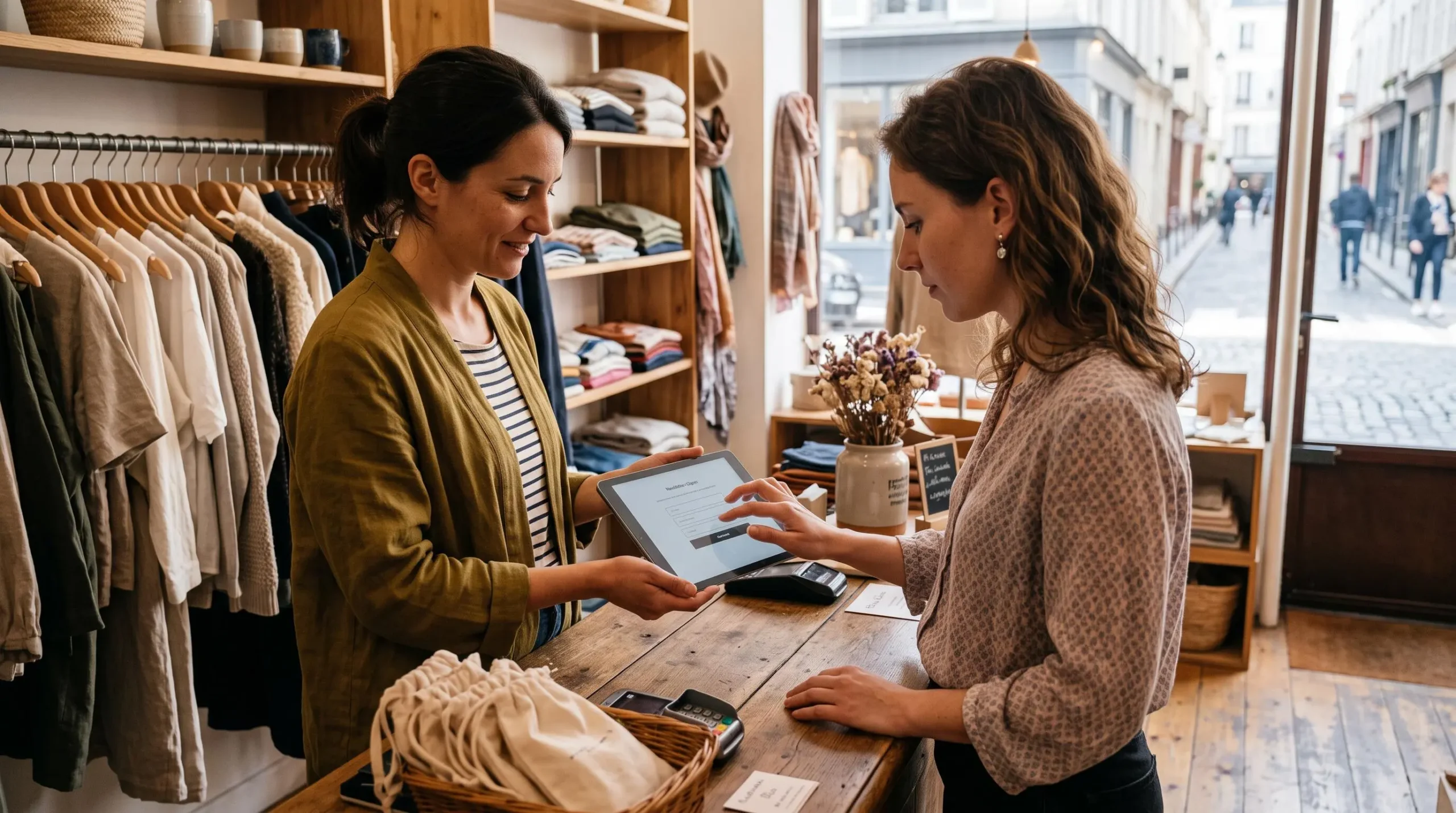 Une vendeuse présente une tablette à une cliente qui saisit son adresse e-mail sur un formulaire d'inscription dans une boutique.