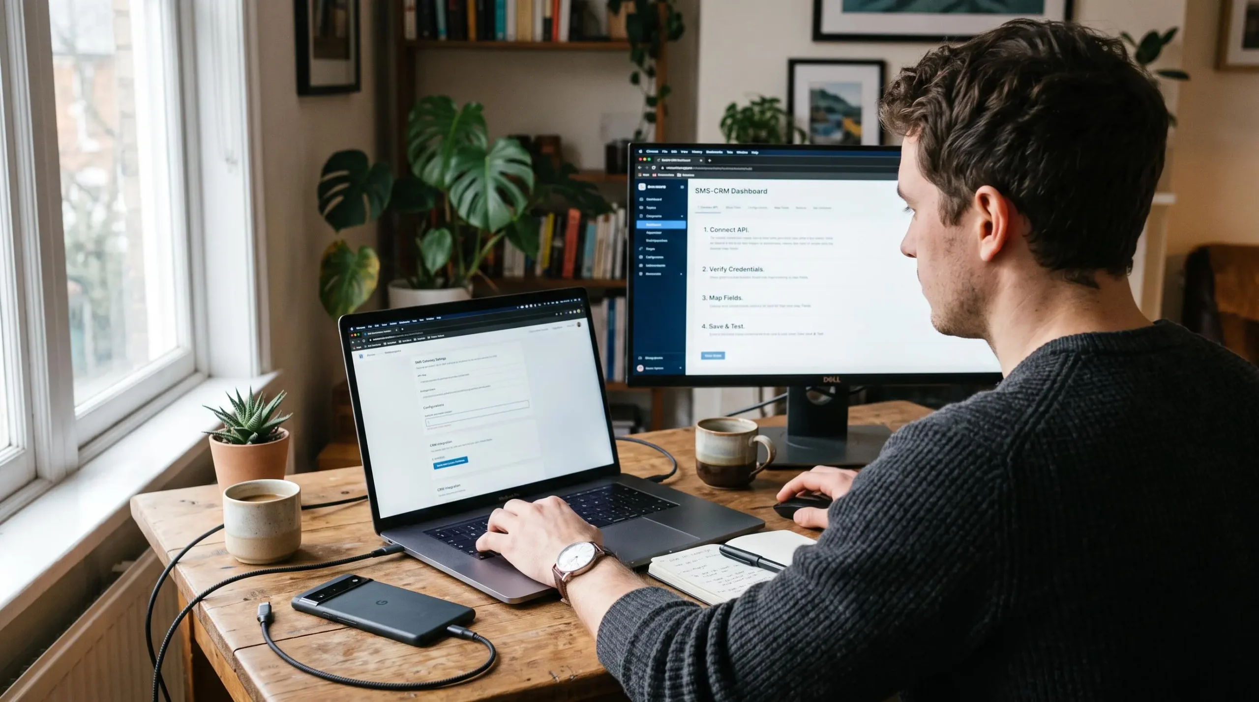Une personne paramètre la connexion entre son CRM et sa solution SMS sur un ordinateur portable.