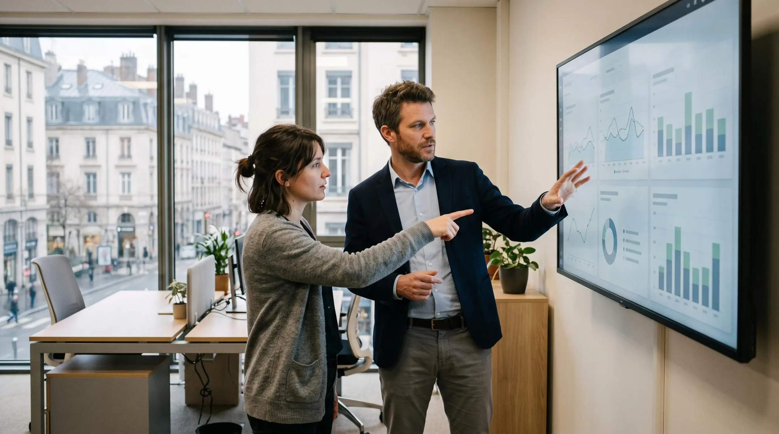 Deux professionnels du marketing analysent un tableau de bord numérique multicanal affiché sur un écran dans un bureau moderne.