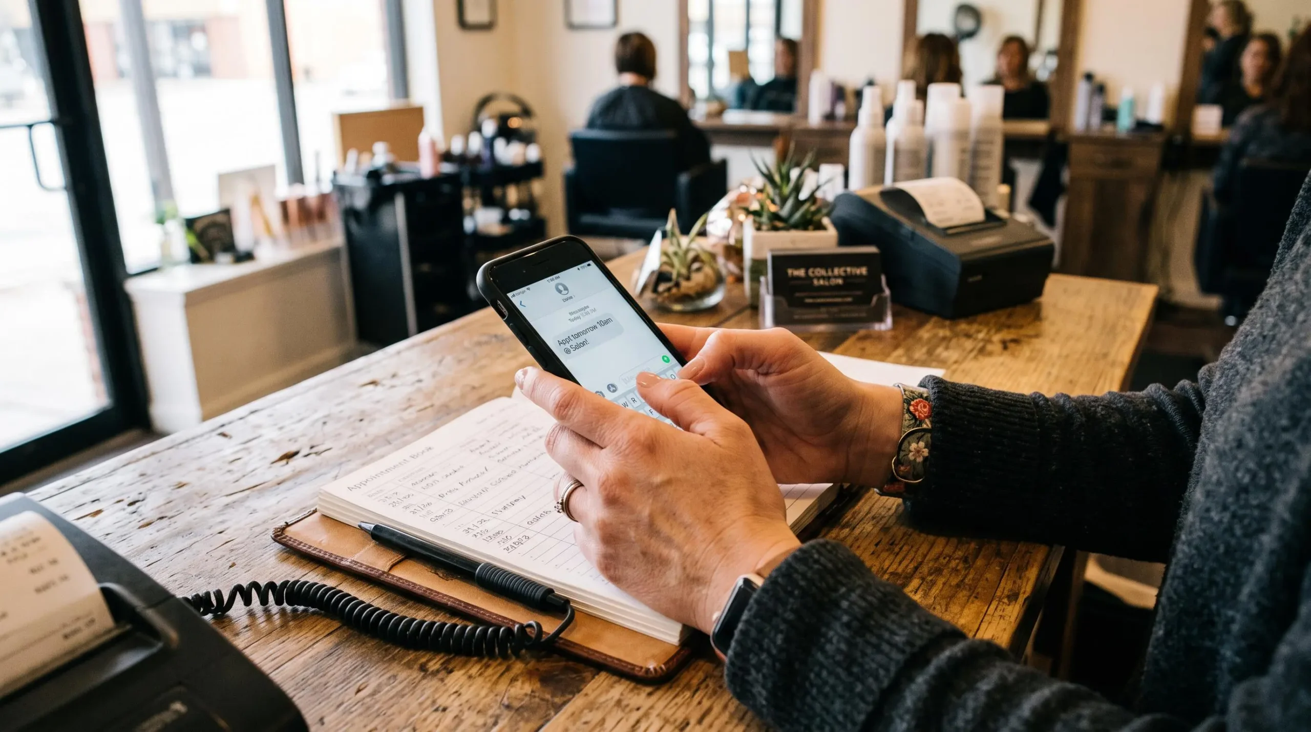 Une réceptionniste rédige un SMS de rappel de rendez-vous sur son téléphone à l'accueil.