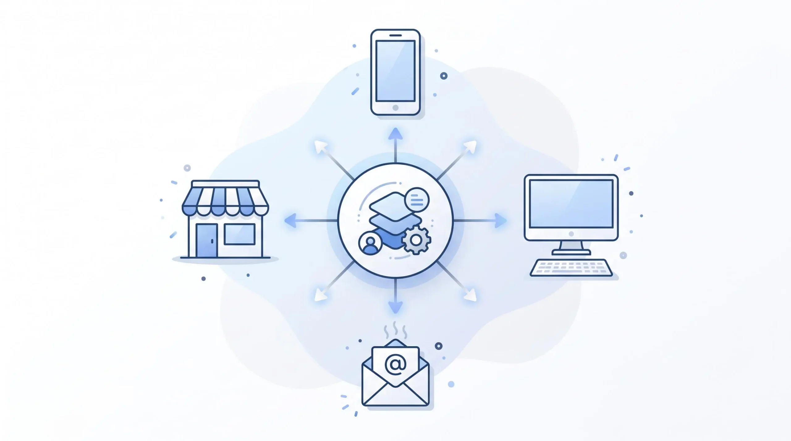 Schéma illustrant un parcours client omnicanal connectant mobile, ordinateur, email et point de vente physique autour d'une base de données centralisée.