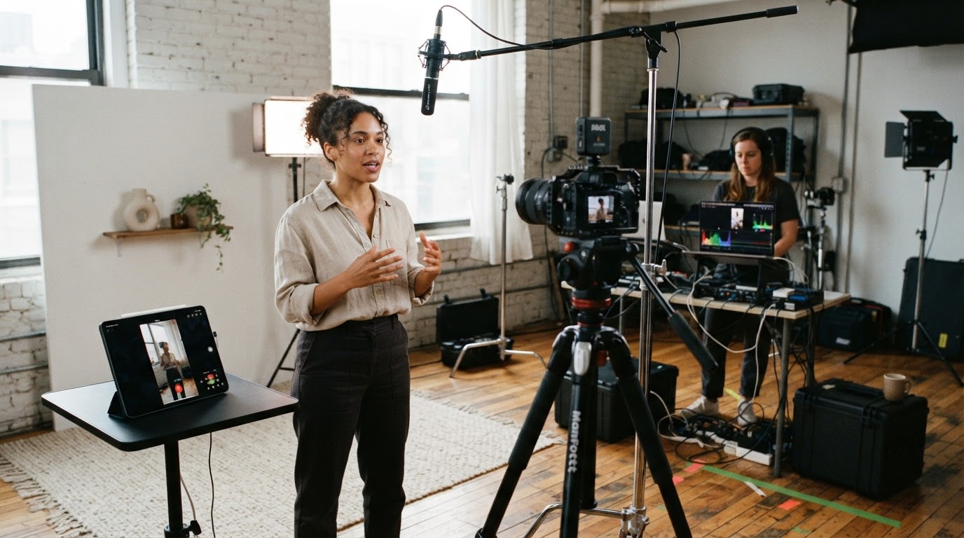 Un créateur de contenu règle un smartphone sur trépied pour filmer une vidéo verticale dans un studio équipé de softbox.